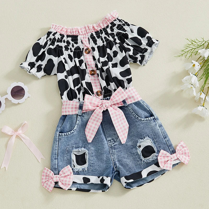 Girls Outfit Leopard Print Top and Denim Shorts with Frayed Hem and Belt Set