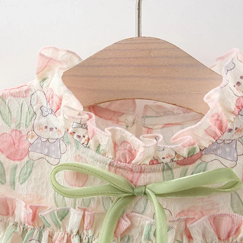 Girl Dress Tulip Cartoon Rabbit Print Small Flying Sleeves Flower Neck Bow Ribbon Tulip Flower Pattern