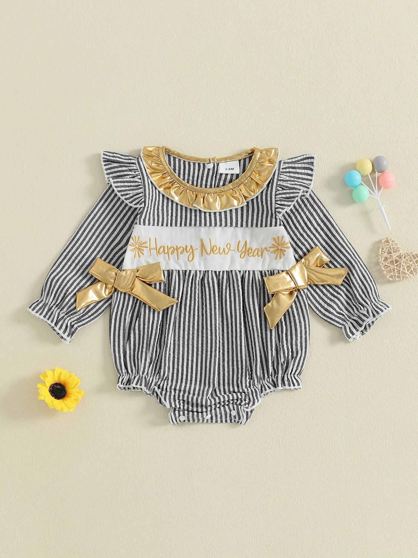 Infant Girls New Year Romper with Stripe Print Embroidered Letters Long Sleeves and Ruffled Round Neckline Jumpsuit