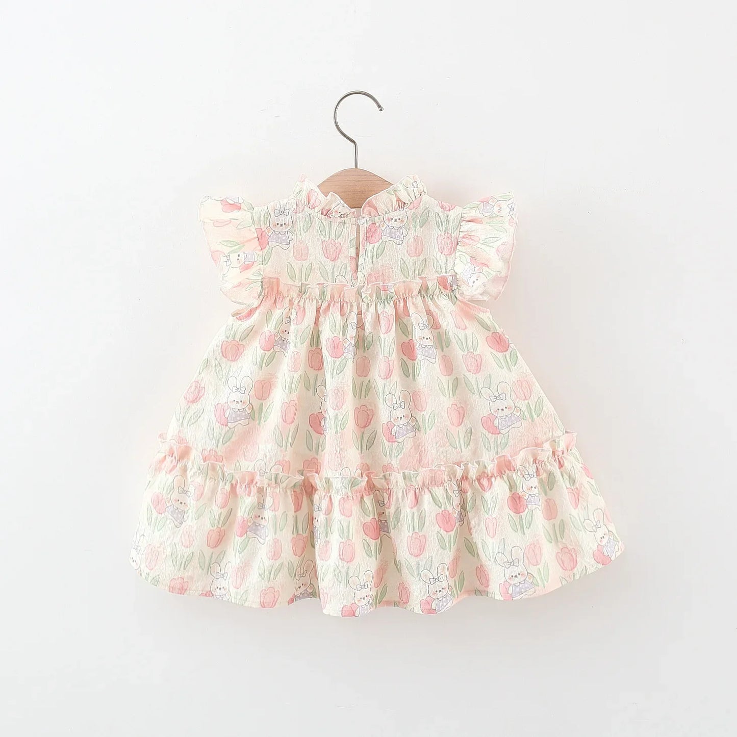Girl Dress Tulip Cartoon Rabbit Print Small Flying Sleeves Flower Neck Bow Ribbon Tulip Flower Pattern