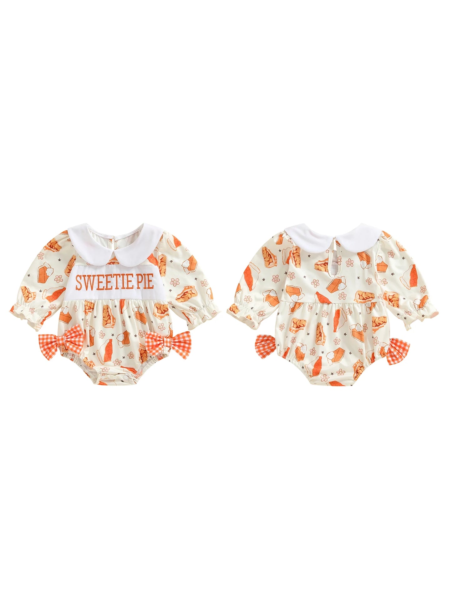 Thanksgiving Turkey Print Ruffle Sleeve Romper with Bow Detail and Peter Pan Collar for Baby Girls Fall Outfit