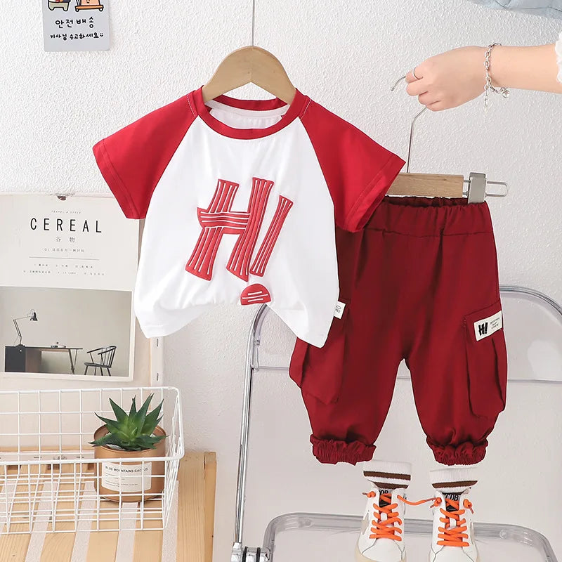 2 Piece Children's Clothing 2025 Baby Boy Clothes 1-5T Letter Patchwork Short Sleeve T-shirts and Shorts Kids Boys Suit