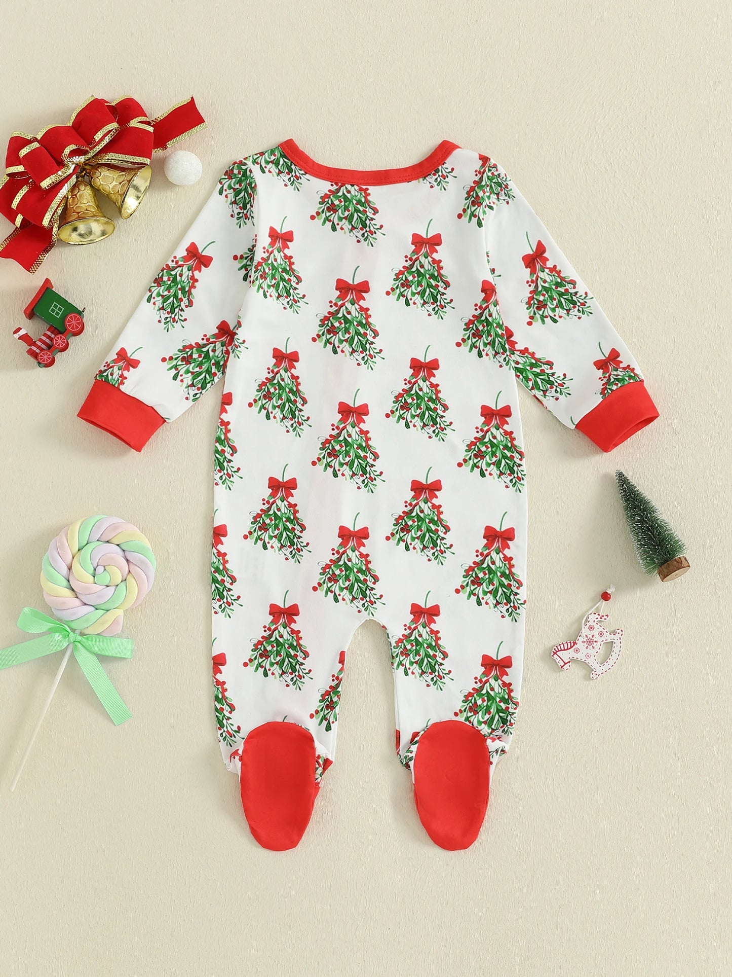 Christmas Baby Romper with Reindeer Print and Hooded Design Long Sleeve Zip Up Round Neck Footed Jumpsuit for Newborns