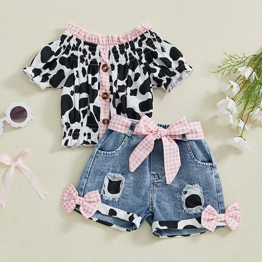 Girls Outfit Leopard Print Top and Denim Shorts with Frayed Hem and Belt Set