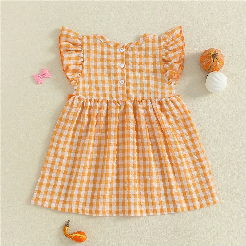 Toddler Baby Girl Halloween Dress Gingham Pumpkin Embroidered Flying Sleeve A-line Dress with Bows Cute Fall Clothes