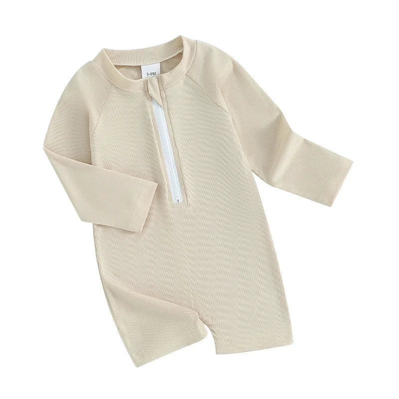 Infant Unisex  Swimwear Stylish Round Neck Long Sleeve Zipper Front Solid Color Swimsuit for Baby Boy Girl