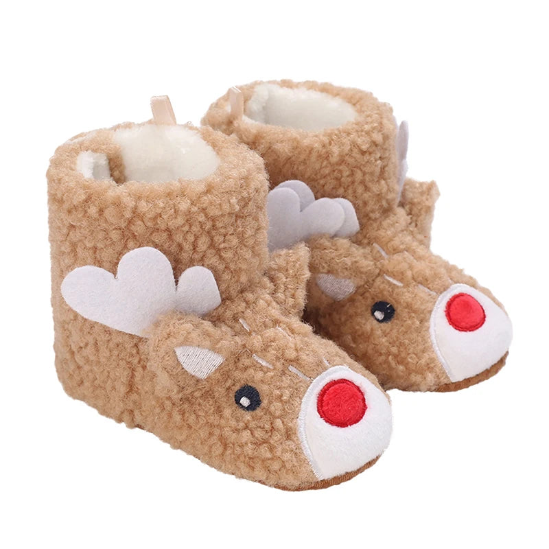 Cute Reindeer Patterned Baby Winter Boots Warm Soft Sole First Walker Shoes for Infants Non-Slip Christmas Footwear