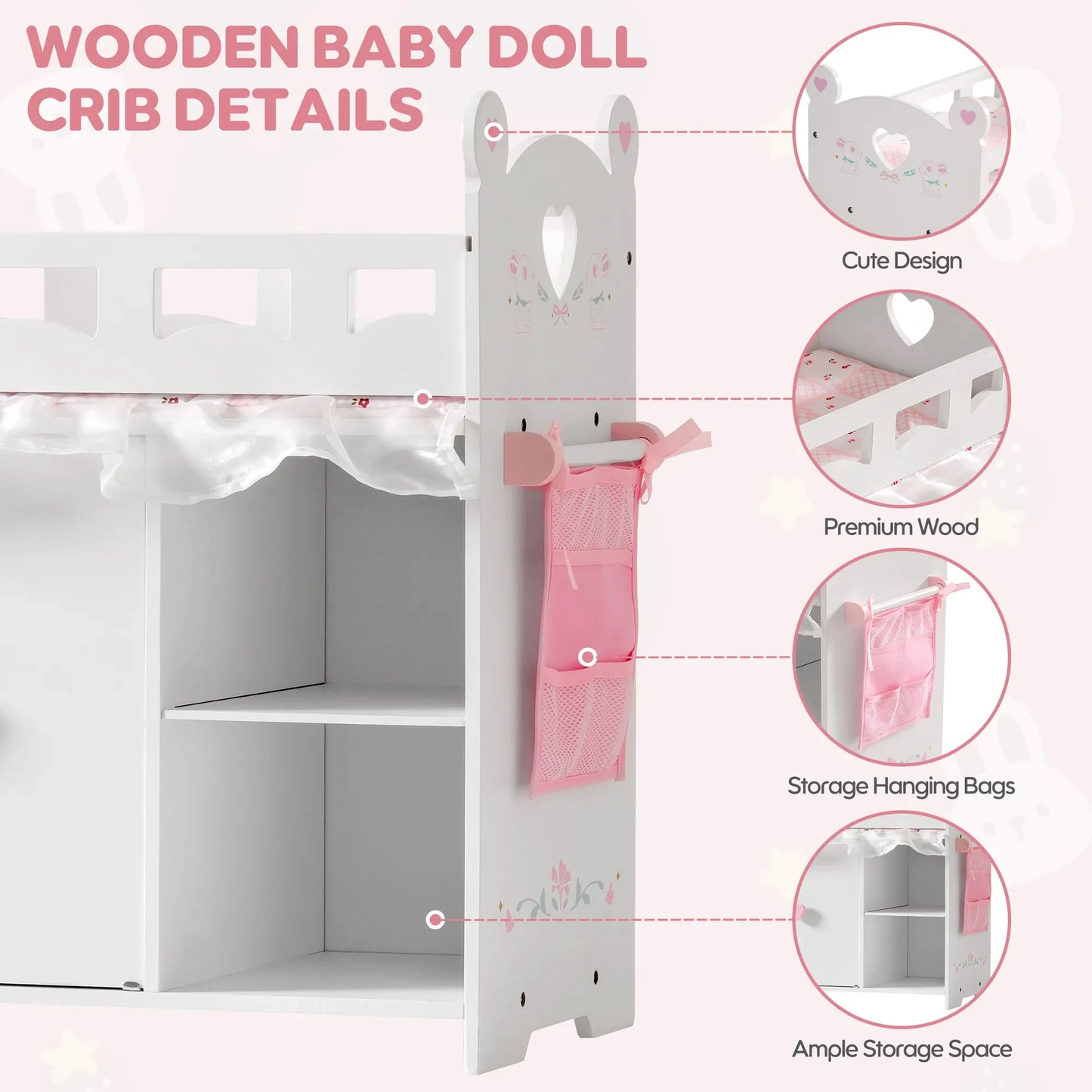 Baby Doll Crib Rabbit Wooden Doll Bed Toy with Storage Bedding Doll Crib Fits Dolls within 21" Doll Furniture for Girls 3+